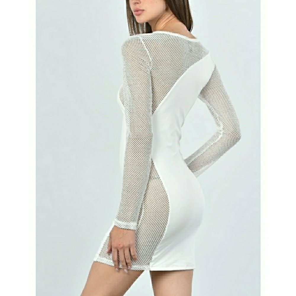 NEW - IVORY/WHT FISHNET DETAIL PARTY DRESS - Picture 3 of 5